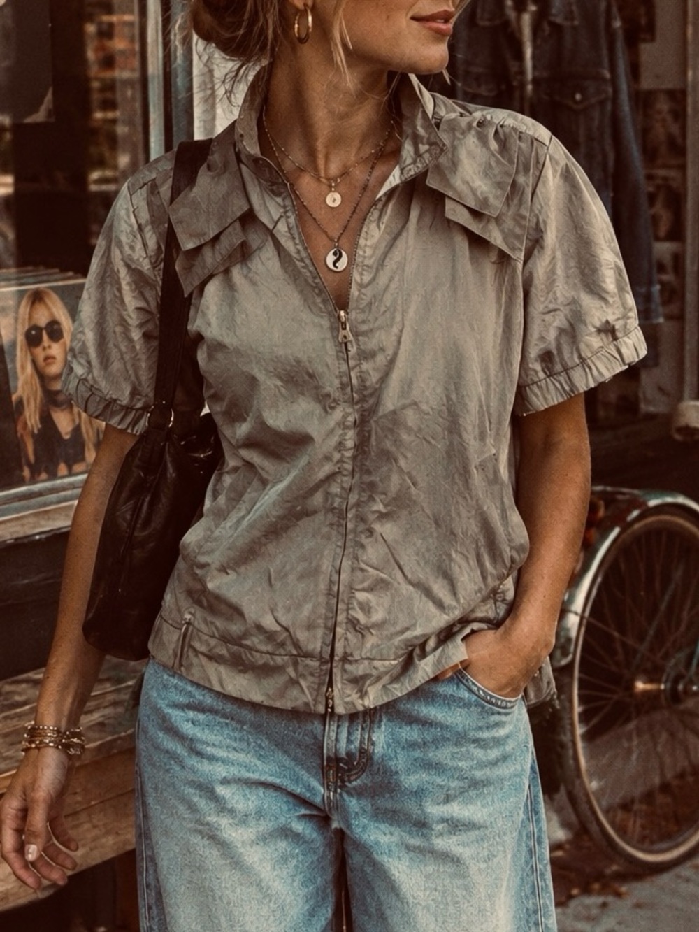 Massimo Metallic Taupe Windbreaker Jacket L 90s Y2K Short Sleeve